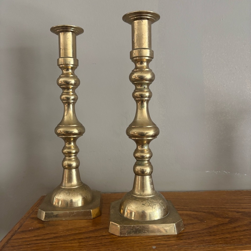 2 Vintage Brass Candlestick Holders Tapered Base Victorian Era England 10.5 x 3”